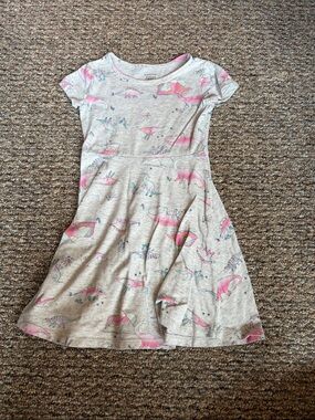 Girls' Gray Dinosaur Print Dress with Pink Accents